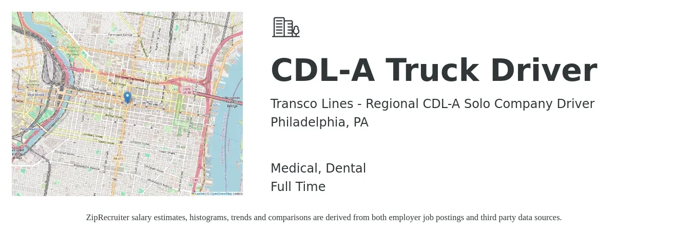 Transco Lines - Regional CDL-A Solo Company Driver job posting for a CDL-A Truck Driver in Philadelphia, PA with a salary of $1,240 to $1,820 Weekly and benefits including dental, medical, and retirement with a map of Philadelphia location.