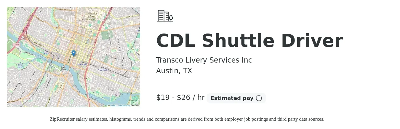 Transco Livery Services Inc job posting for a CDL Shuttle Driver in Austin, TX with a salary of $20 to $28 Hourly with a map of Austin location.