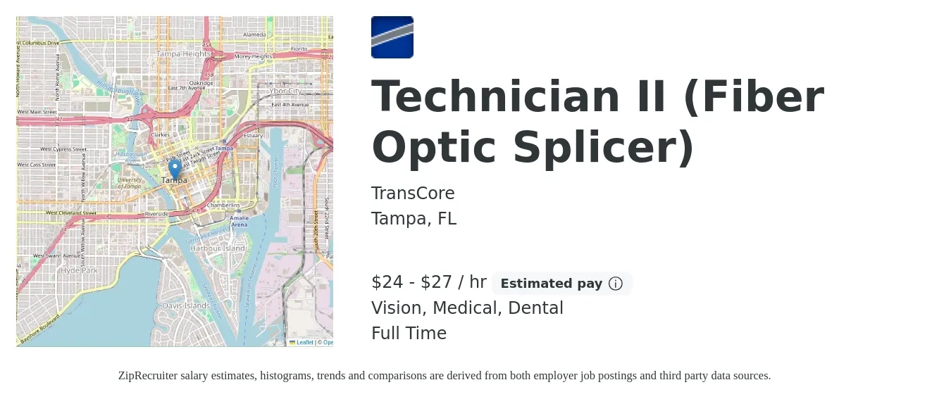 TransCore job posting for a Technician II (Fiber Optic Splicer) in Tampa, FL with a salary of $25 to $29 Hourly and benefits including retirement, vision, dental, life_insurance, and medical with a map of Tampa location.