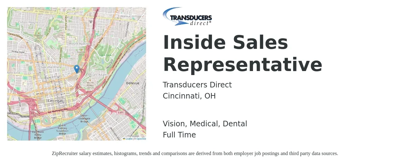 Transducers Direct job posting for a Inside Sales Representative in Cincinnati, OH with a salary of $37,900 to $56,600 Yearly and benefits including dental, life_insurance, medical, pto, retirement, and vision with a map of Cincinnati location.