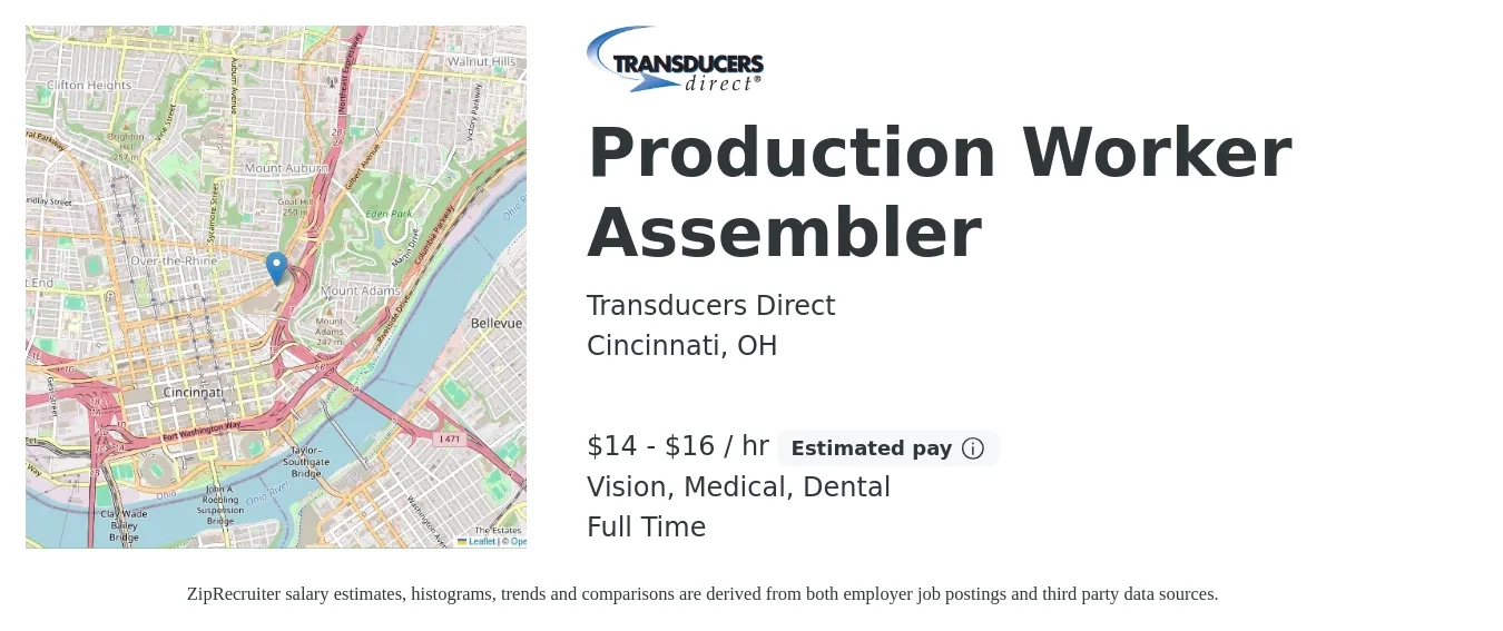 Transducers Direct job posting for a Production Worker Assembler in Cincinnati, OH with a salary of $15 to $17 Hourly and benefits including medical, pto, retirement, vision, dental, and life_insurance with a map of Cincinnati location.