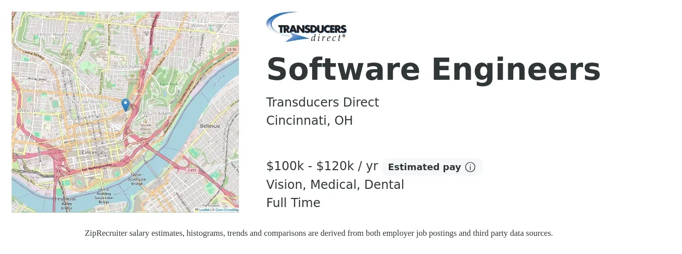 Transducers Direct job posting for a Software Engineers in Cincinnati, OH with a salary of $100,000 to $120,000 Yearly and benefits including dental, life_insurance, medical, retirement, and vision with a map of Cincinnati location.