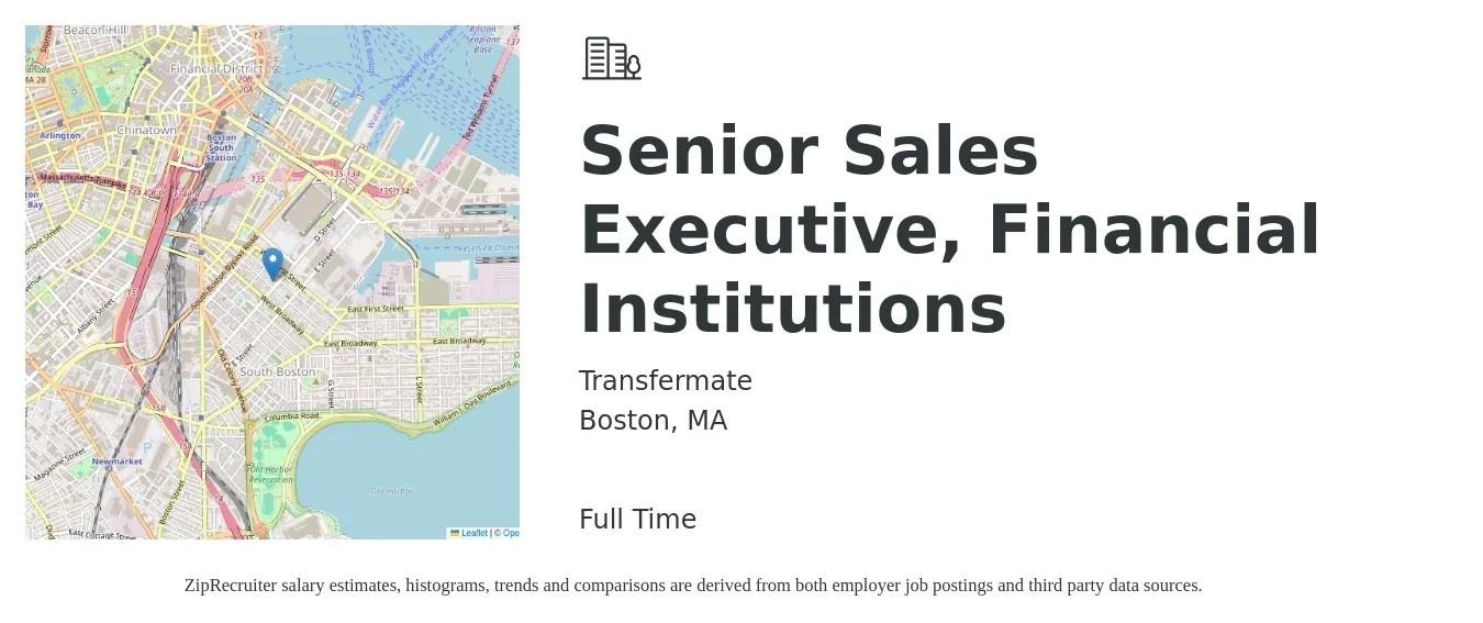 Transfermate job posting for a Senior Sales Executive, Financial Institutions in Boston, MA with a salary of $78,800 to $135,800 Yearly with a map of Boston location.