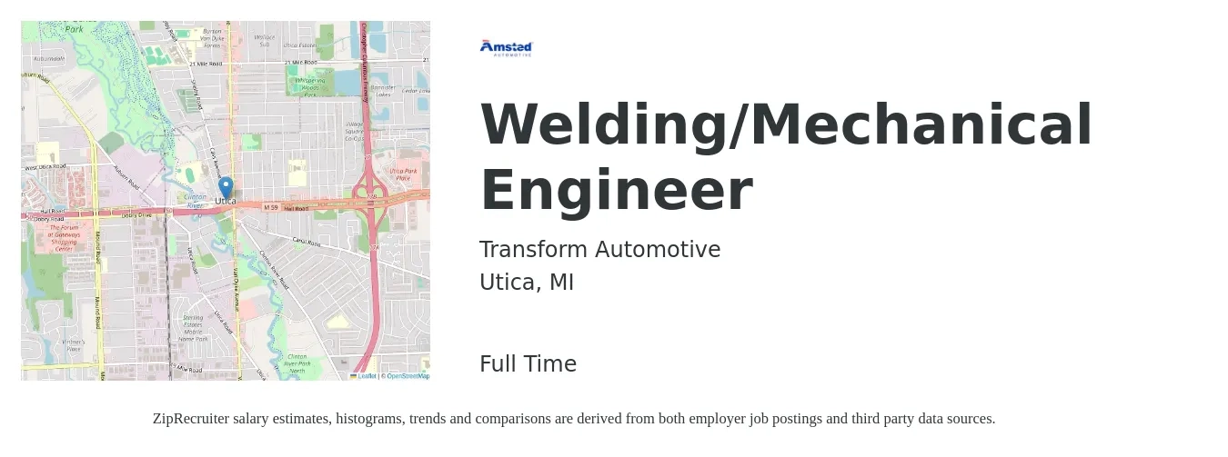 Transform Automotive job posting for a Welding/Mechanical Engineer in Utica, MI with a salary of $69,800 to $90,300 Yearly with a map of Utica location.