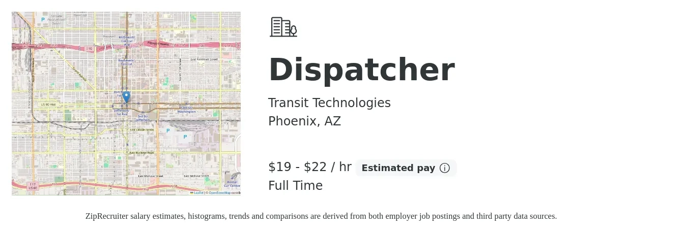 Transit Technologies job posting for a Dispatcher in Phoenix, AZ with a salary of $20 to $23 Hourly with a map of Phoenix location.
