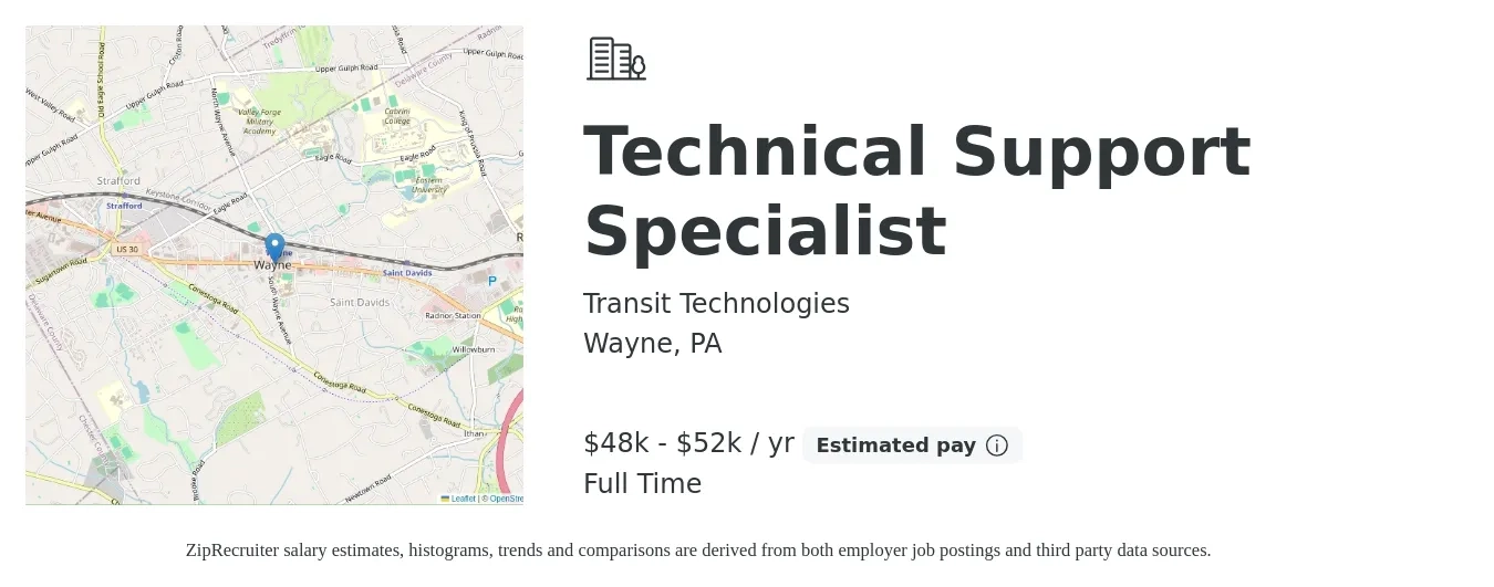 Transit Technologies job posting for a Technical Support Specialist in Wayne, PA with a salary of $48,000 to $52,000 Yearly with a map of Wayne location.