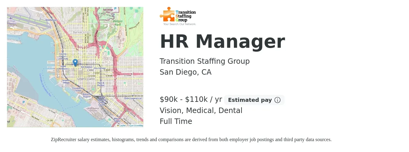 Transition Staffing Group job posting for a HR Manager in San Diego, CA with a salary of $90,000 to $110,000 Yearly and benefits including pto, retirement, vision, dental, and medical with a map of San Diego location.
