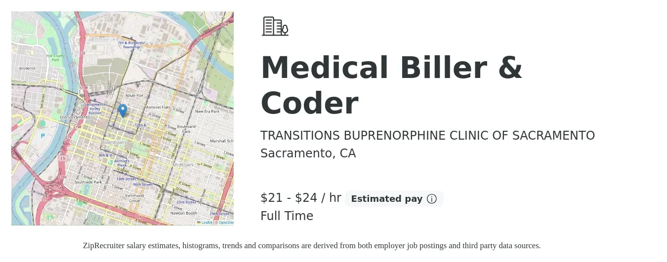 TRANSITIONS BUPRENORPHINE CLINIC OF SACRAMENTO job posting for a Medical Biller & Coder in Sacramento, CA with a salary of $22 to $25 Hourly with a map of Sacramento location.