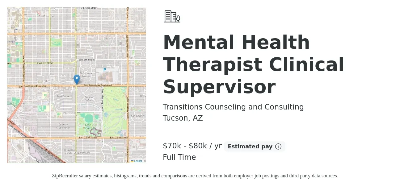 Transitions Counseling and Consulting job posting for a Mental Health Therapist Clinical Supervisor in Tucson, AZ with a salary of $70,000 to $80,000 Yearly with a map of Tucson location.