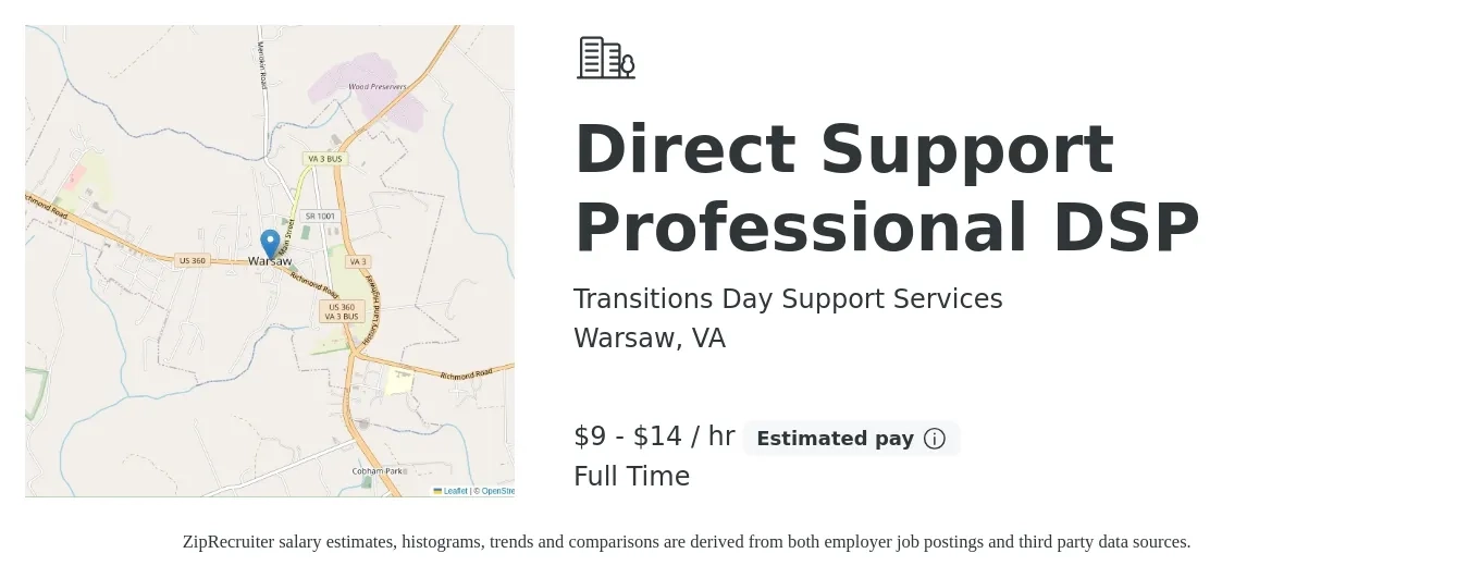 Transitions Day Support Services job posting for a Direct Support Professional DSP in Warsaw, VA with a salary of $10 to $15 Hourly with a map of Warsaw location.