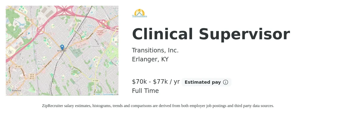 Transitions, Inc. job posting for a Clinical Supervisor in Erlanger, KY with a salary of $70,000 to $77,000 Yearly with a map of Erlanger location.