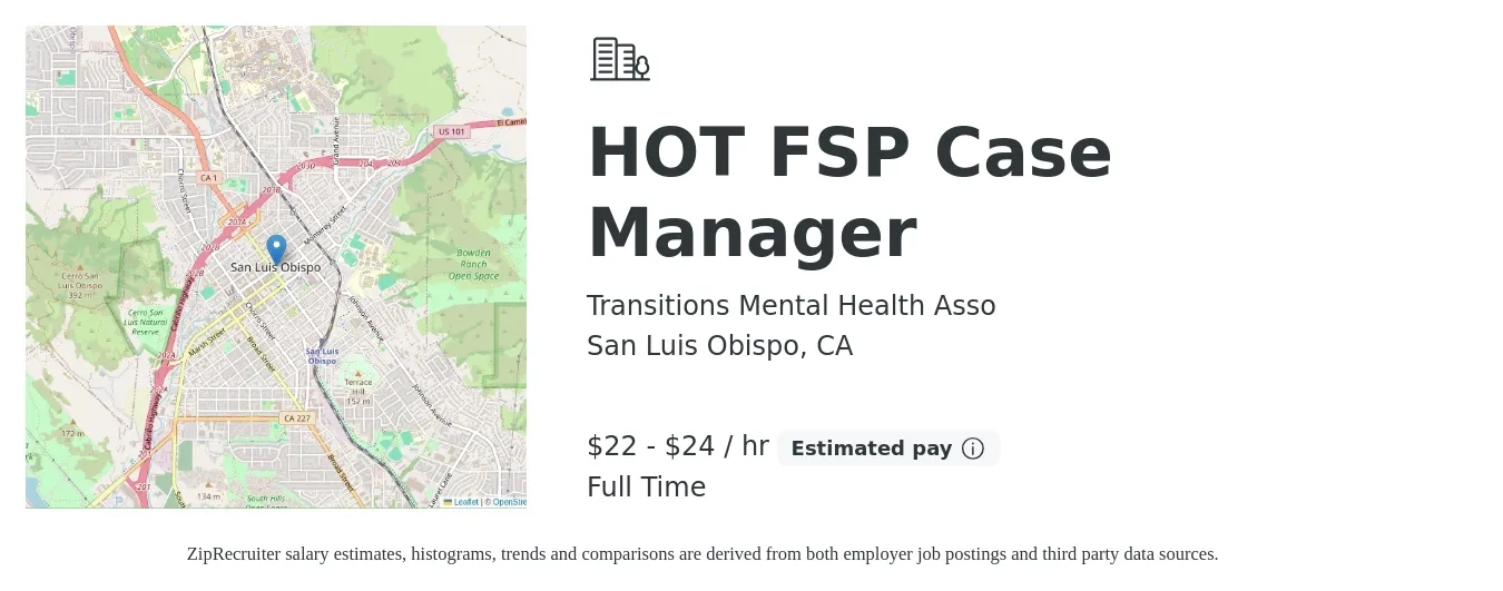 Transitions Mental Health Asso job posting for a HOT FSP Case Manager in San Luis Obispo, CA with a salary of $23 to $25 Hourly with a map of San Luis Obispo location.