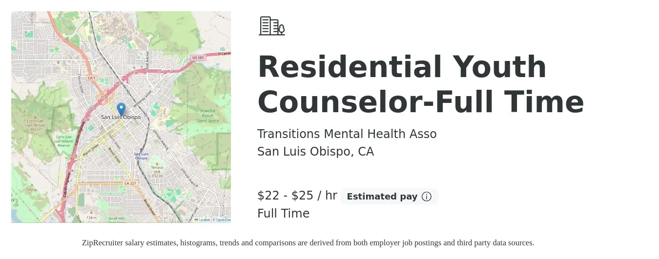 Transitions Mental Health Asso job posting for a Residential Youth Counselor-Full Time in San Luis Obispo, CA with a salary of $22 Hourly with a map of San Luis Obispo location.