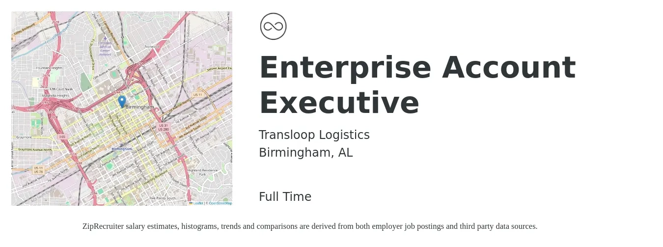 Transloop Logistics job posting for a Enterprise Account Executive in Birmingham, AL with a salary of $75,000 to $126,500 Yearly with a map of Birmingham location.