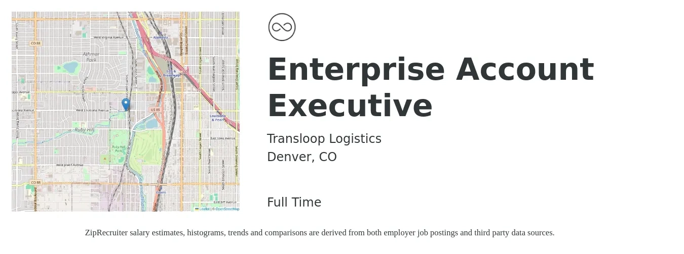 Transloop Logistics job posting for a Enterprise Account Executive in Denver, CO with a salary of $82,300 to $138,900 Yearly with a map of Denver location.