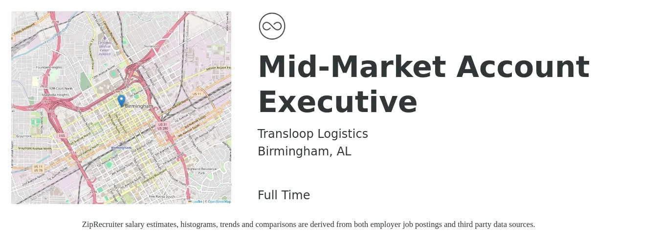 Transloop Logistics job posting for a Mid-Market Account Executive in Birmingham, AL with a salary of $50,600 to $89,000 Yearly with a map of Birmingham location.