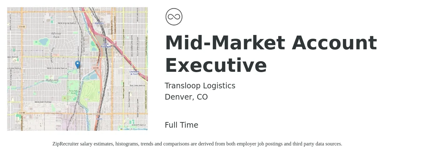 Transloop Logistics job posting for a Mid-Market Account Executive in Denver, CO with a salary of $55,600 to $97,800 Yearly with a map of Denver location.
