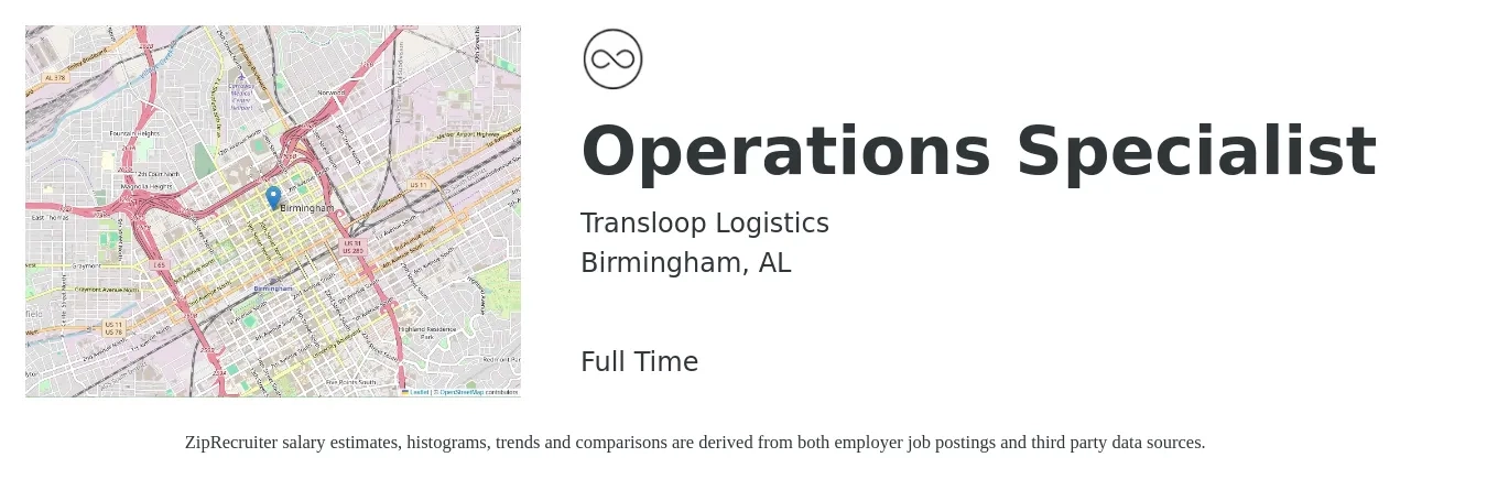 Transloop Logistics job posting for a Operations Specialist in Birmingham, AL with a salary of $45,000 to $76,400 Yearly with a map of Birmingham location.