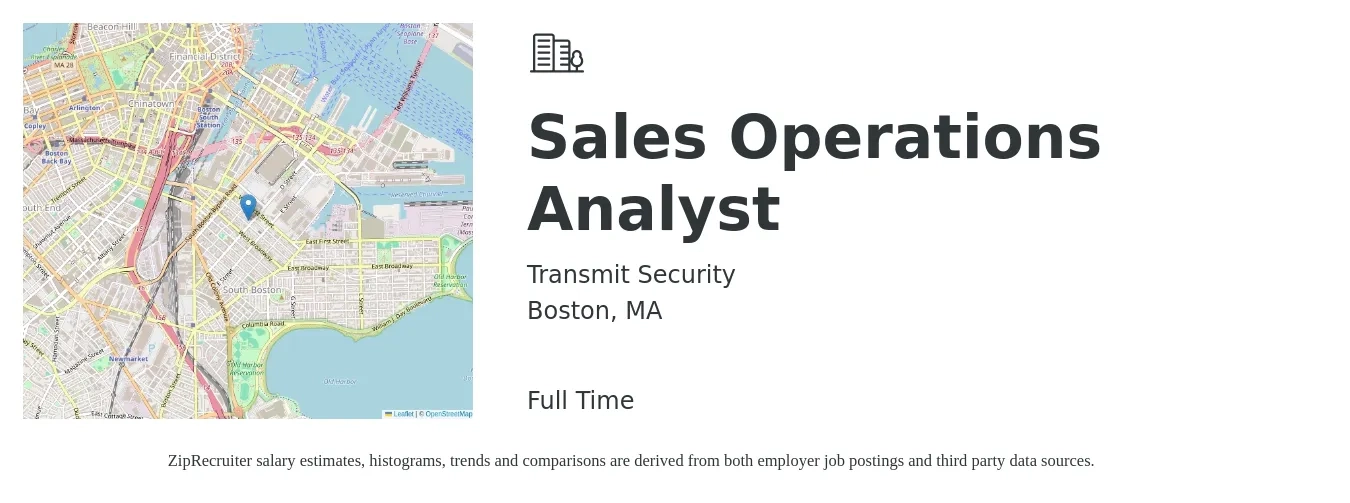 Transmit Security job posting for a Sales Operations Analyst in Boston, MA with a salary of $32 to $48 Hourly with a map of Boston location.