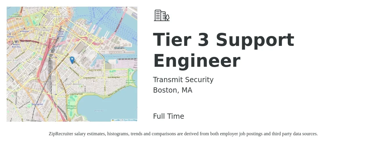 Transmit Security job posting for a Tier 3 Support Engineer in Boston, MA with a salary of $34 to $53 Hourly with a map of Boston location.