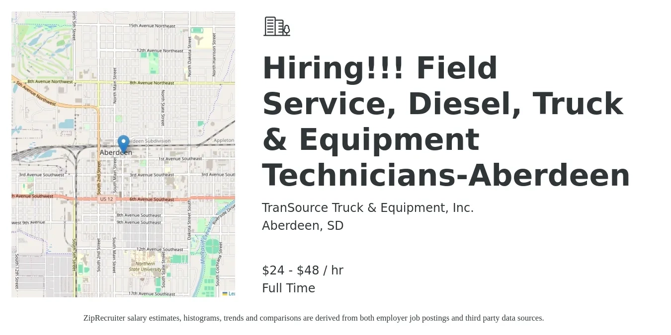 TranSource Truck & Equipment, Inc. job posting for a Hiring!!! Field Service, Diesel, Truck & Equipment Technicians-Aberdeen in Aberdeen, SD with a salary of $25 to $50 Hourly with a map of Aberdeen location.