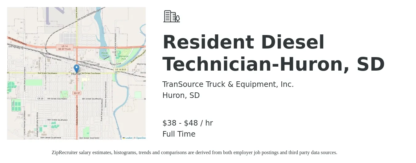 TranSource Truck & Equipment, Inc. job posting for a Resident Diesel Technician-Huron, SD in Huron, SD with a salary of $40 to $50 Hourly with a map of Huron location.