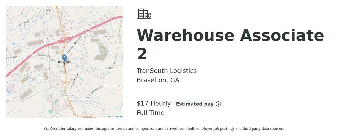 TranSouth Logistics job posting for a Warehouse Associate 2 in Braselton, GA with a salary of $18 Yearly with a map of Braselton location.
