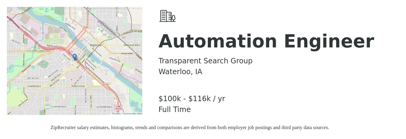 Transparent Search Group job posting for a Automation Engineer in Waterloo, IA with a salary of $100,000 to $116,000 Yearly with a map of Waterloo location.