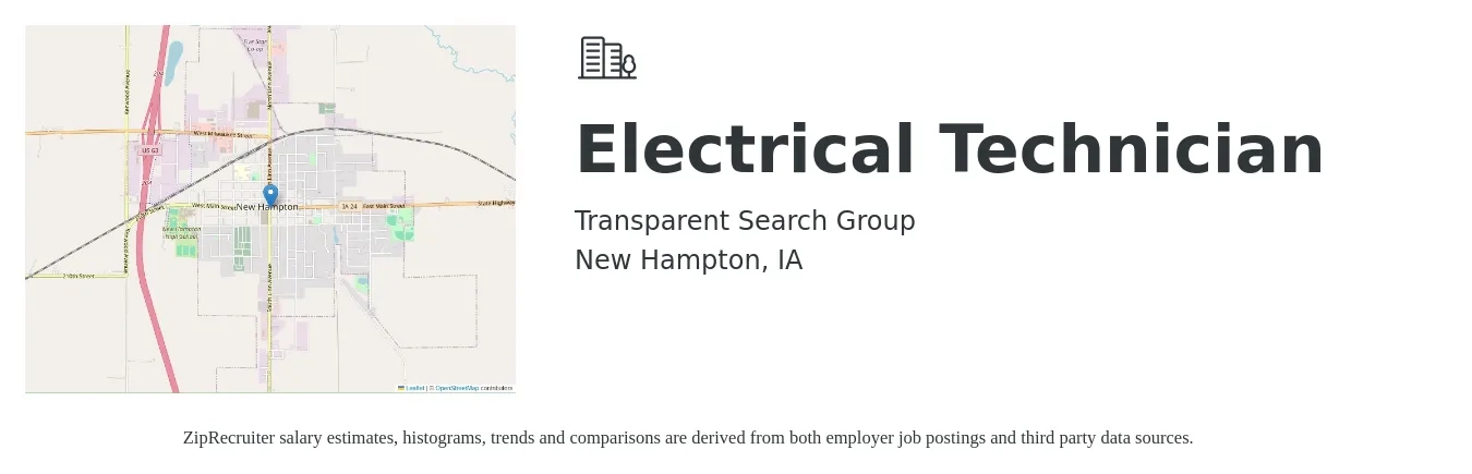 Transparent Search Group job posting for a Electrical Technician in New Hampton, IA with a salary of $21 to $31 Hourly with a map of New Hampton location.