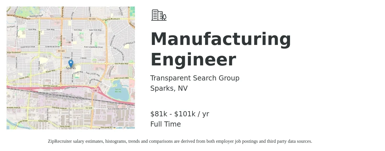 Transparent Search Group job posting for a Manufacturing Engineer in Sparks, NV with a salary of $81,000 to $101,000 Yearly with a map of Sparks location.