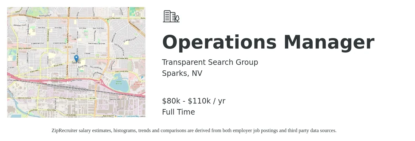 Transparent Search Group job posting for a Operations Manager in Sparks, NV with a salary of $80,000 to $110,000 Yearly with a map of Sparks location.
