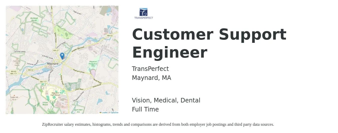 TransPerfect job posting for a Customer Support Engineer in Maynard, MA with a salary of $74,000 to $95,100 Yearly and benefits including dental, life_insurance, medical, pto, retirement, and vision with a map of Maynard location.