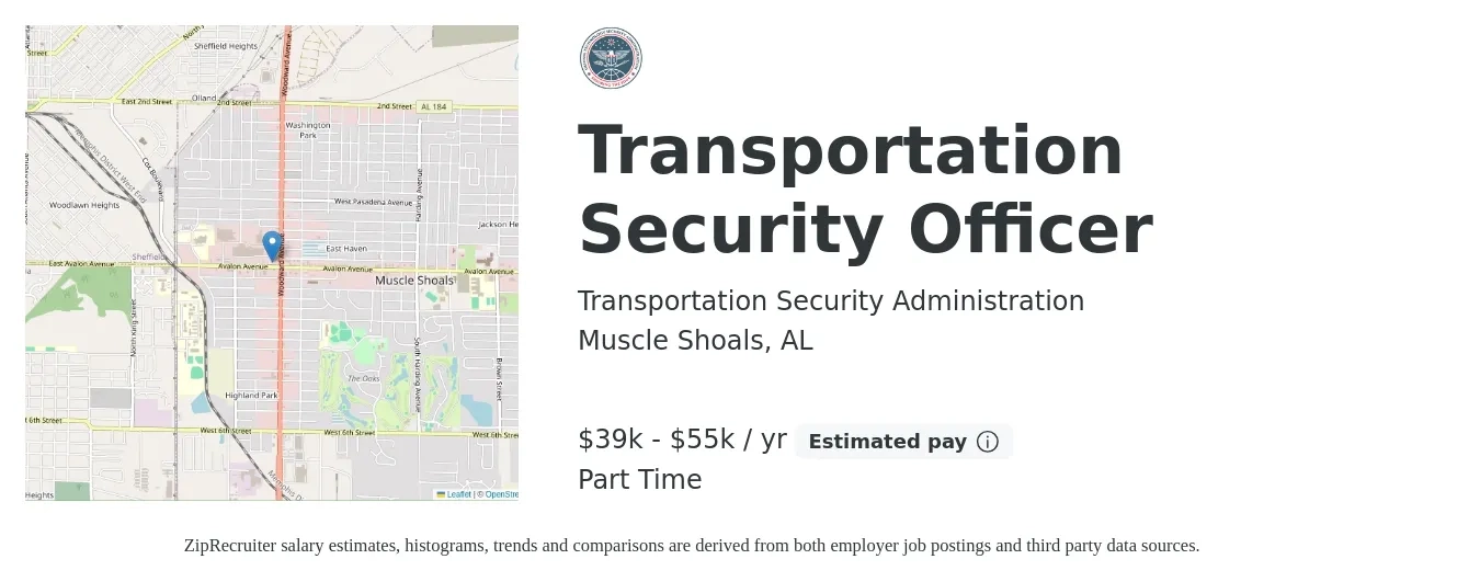 Transportation Security Administration job posting for a Transportation Security Officer in Muscle Shoals, AL with a salary of $39,576 Yearly with a map of Muscle Shoals location.
