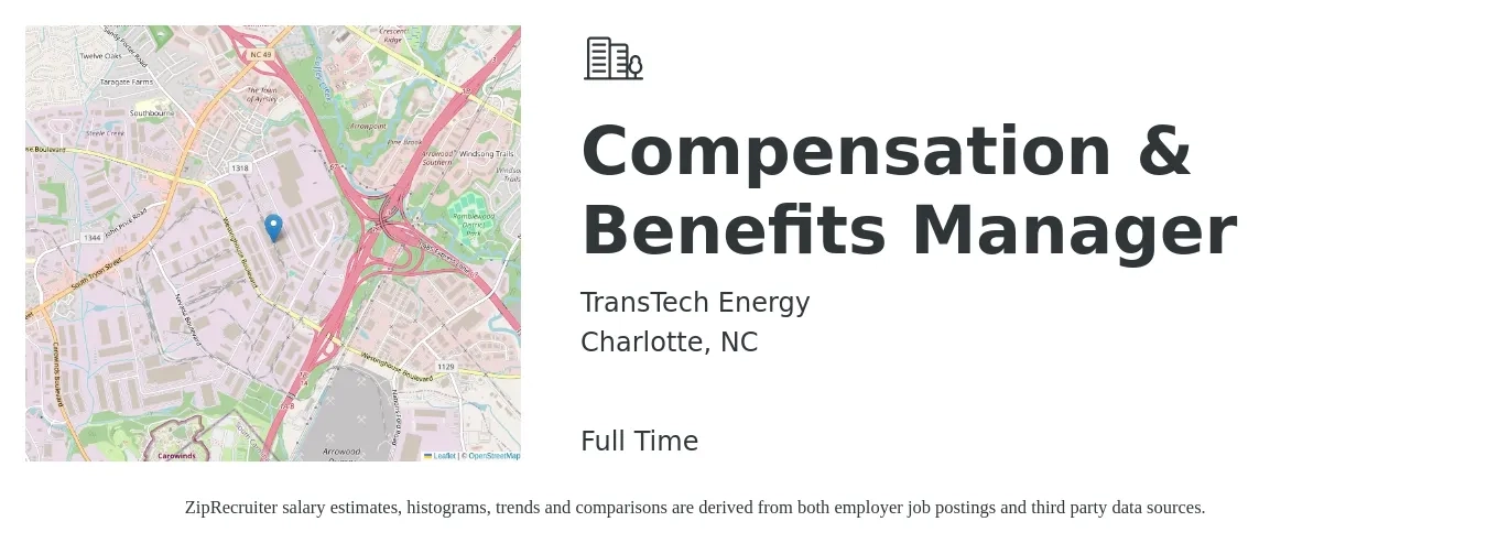 TransTech Energy job posting for a Compensation & Benefits Manager in Charlotte, NC with a salary of $72,000 to $97,300 Yearly with a map of Charlotte location.