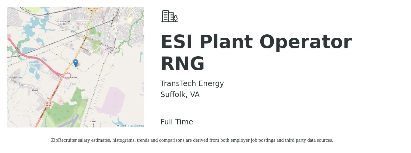 Transtech Energy job posting for a ESI Plant Operator RNG in Suffolk, VA with a salary of $16 to $25 Hourly with a map of Suffolk location.