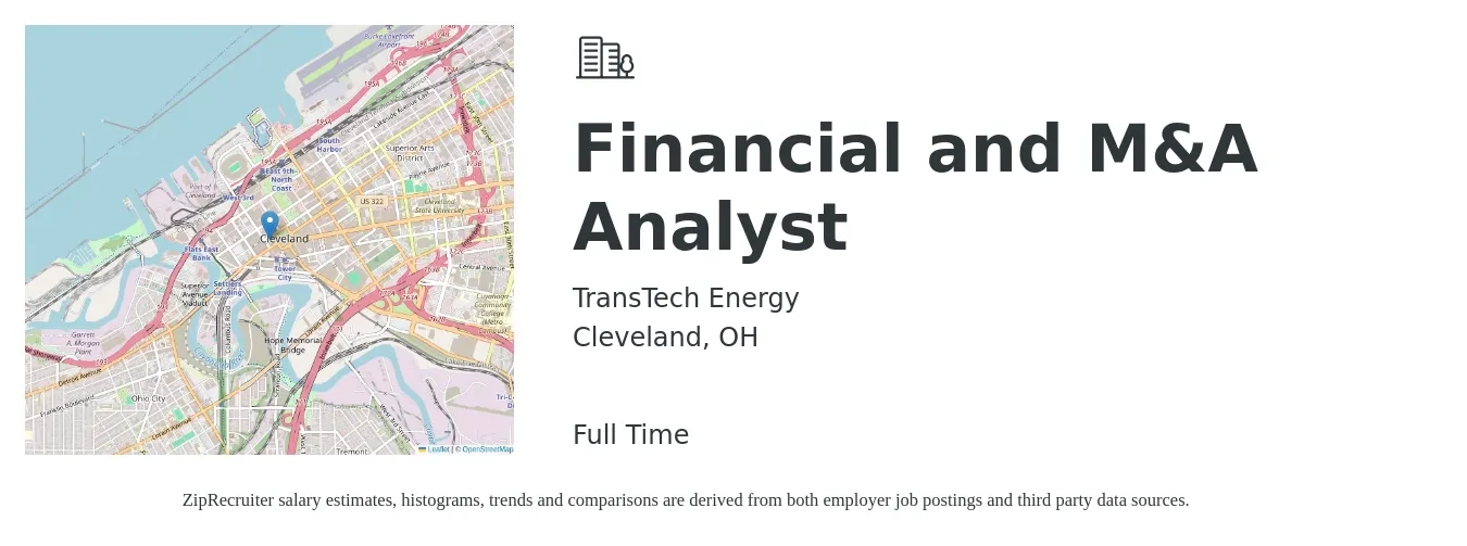 TransTech Energy job posting for a Financial and M&A Analyst in Cleveland, OH with a salary of $67,000 to $105,700 Yearly with a map of Cleveland location.