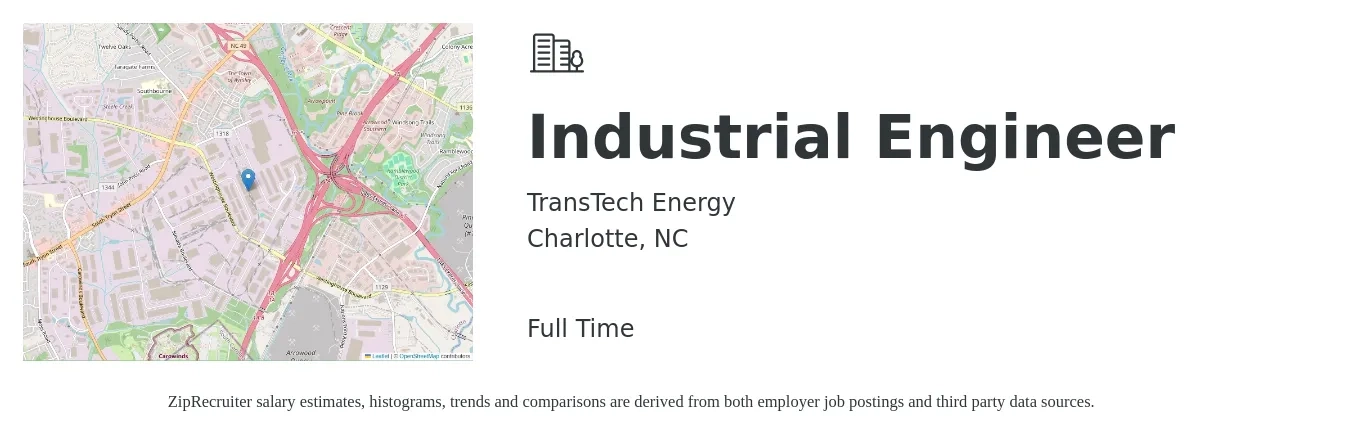 TransTech Energy job posting for a Industrial Engineer in Charlotte, NC with a salary of $63,400 to $85,500 Yearly with a map of Charlotte location.