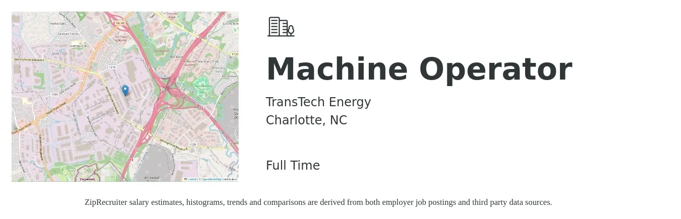 Transtech Energy job posting for a Machine Operator in Charlotte, NC with a salary of $16 to $18 Hourly with a map of Charlotte location.