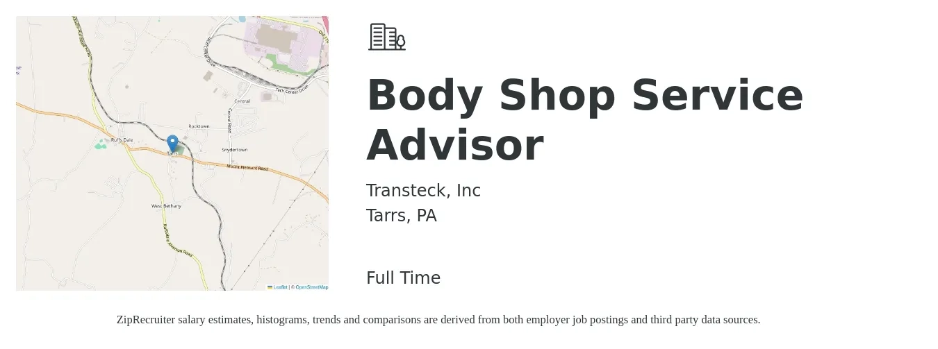 Transteck, Inc job posting for a Body Shop Service Advisor in Tarrs, PA with a salary of $18 to $30 Hourly with a map of Tarrs location.