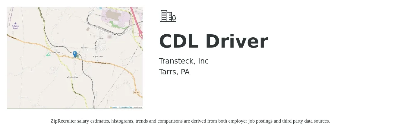Transteck, Inc job posting for a CDL Driver in Tarrs, PA with a salary of $24 to $42 Hourly with a map of Tarrs location.