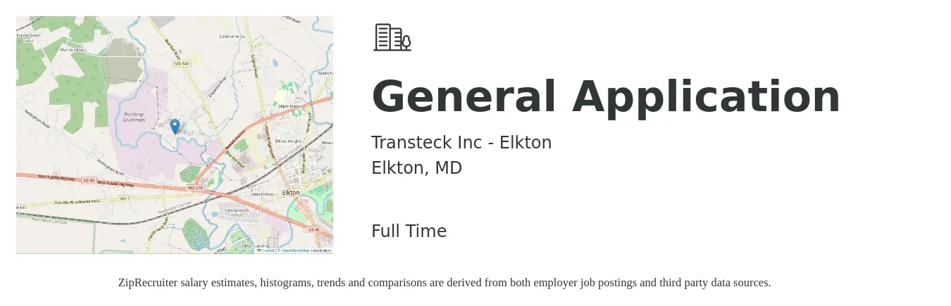 Transteck Inc - Elkton job posting for a General Application in Elkton, MD with a salary of $42 to $61 Hourly with a map of Elkton location.
