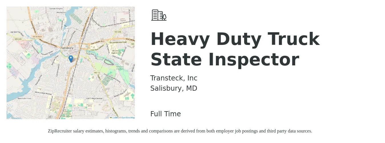 Transteck, Inc job posting for a Heavy Duty Truck State Inspector in Salisbury, MD with a salary of $28 to $28 Hourly with a map of Salisbury location.