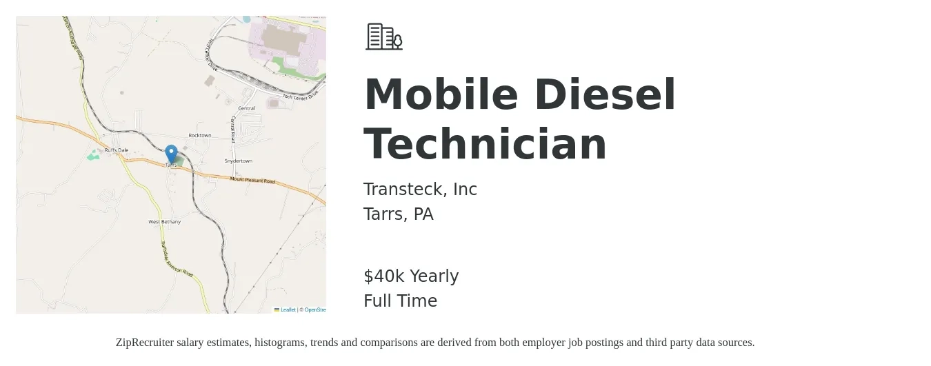 Transteck, Inc job posting for a Mobile Diesel Technician in Tarrs, PA with a salary of $40,000 Yearly with a map of Tarrs location.