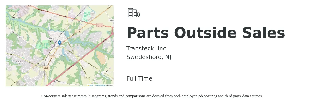 Transteck, Inc job posting for a Parts Outside Sales in Swedesboro, NJ with a salary of $45,400 to $64,200 Yearly with a map of Swedesboro location.