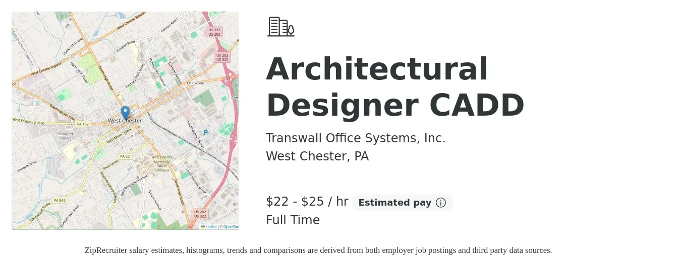 Transwall Office Systems, Inc. job posting for a Architectural Designer CADD in West Chester, PA with a salary of $23 to $27 Hourly with a map of West Chester location.
