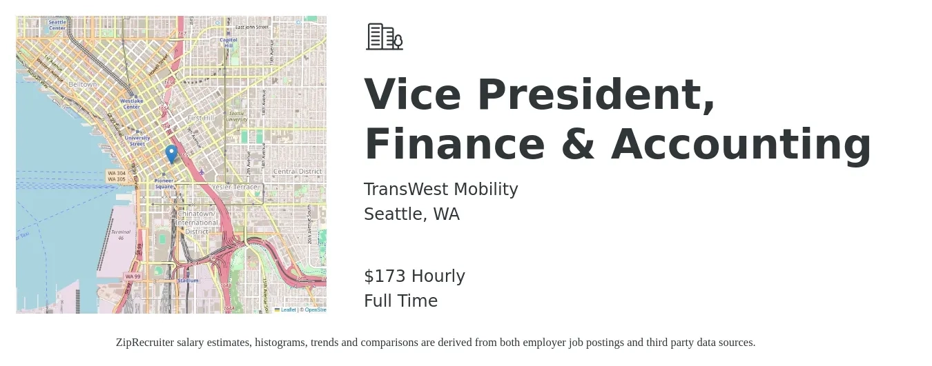 TransWest Mobility job posting for a Vice President, Finance & Accounting in Seattle, WA with a salary of $180 Hourly with a map of Seattle location.