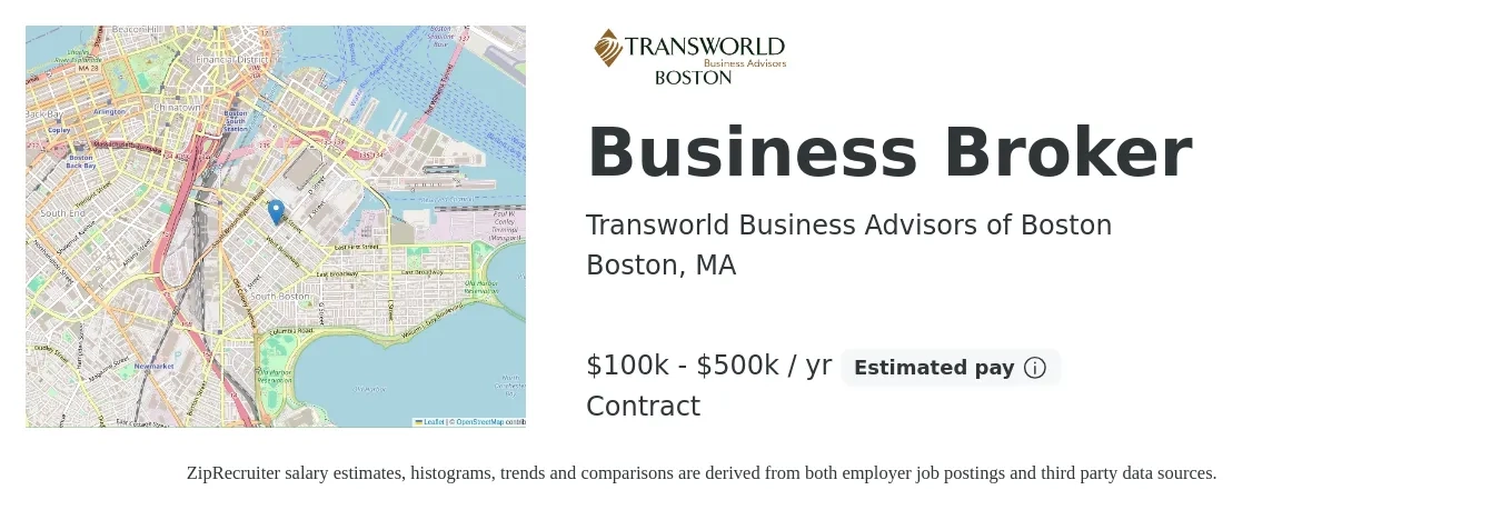 Transworld Business Advisors of Boston job posting for a Business Broker in Boston, MA with a salary of $100,000 to $500,000 Yearly with a map of Boston location.