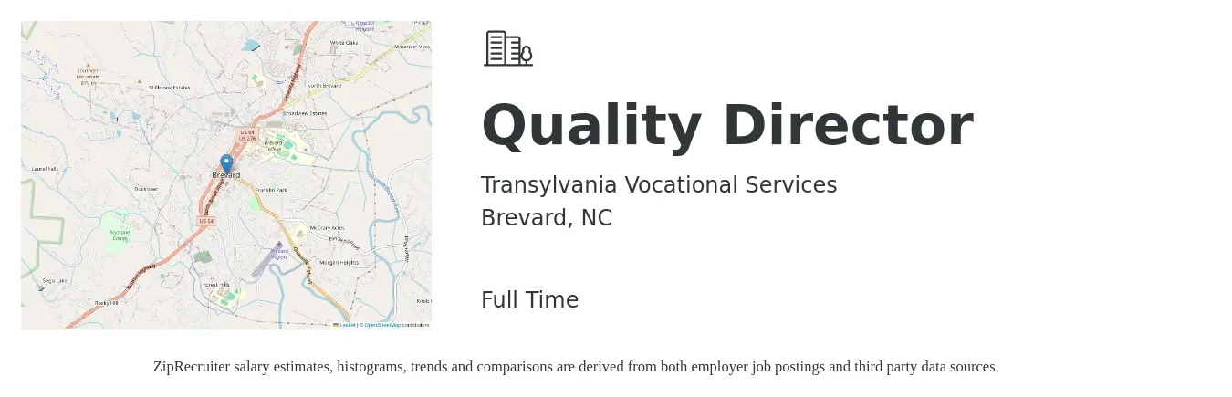 Transylvania Vocational Services job posting for a Quality Director in Brevard, NC with a salary of $83,800 to $139,000 Yearly with a map of Brevard location.