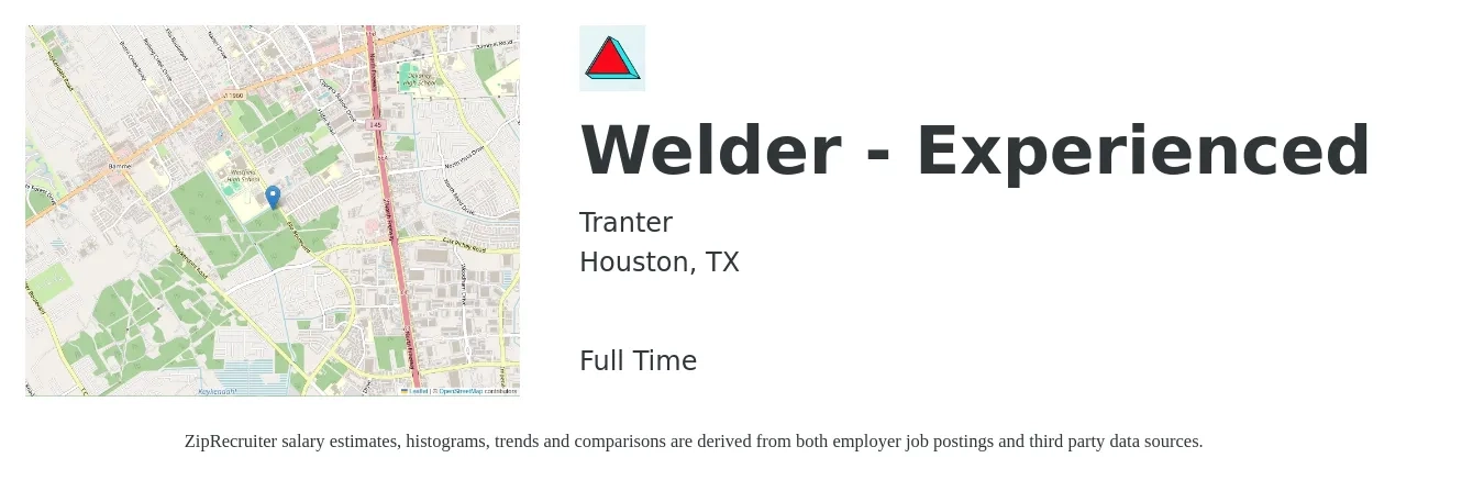 Tranter job posting for a Welder - Experienced in Houston, TX with a salary of $18 to $24 Hourly with a map of Houston location.