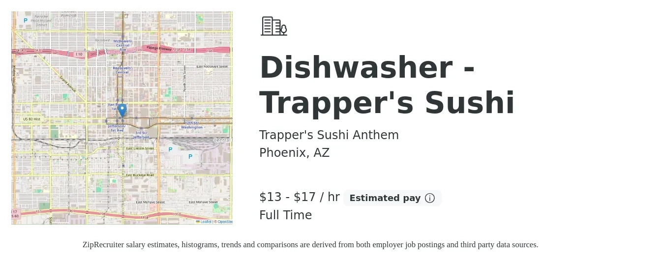 Trapper's Sushi Anthem job posting for a Dishwasher - Trapper's Sushi in Phoenix, AZ with a salary of $14 to $18 Hourly with a map of Phoenix location.